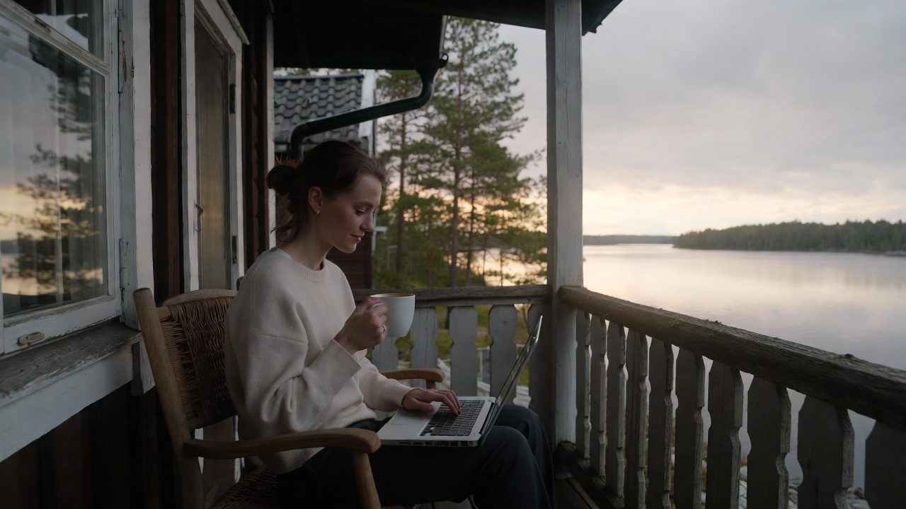 Yrittäjä työskentelee kannettavalla järven rannalla